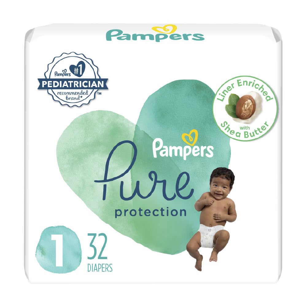 Pampers Pure Protection Diapers - Size 1, 32 Count, Hypoallergenic Premium Disposable Baby Diapers